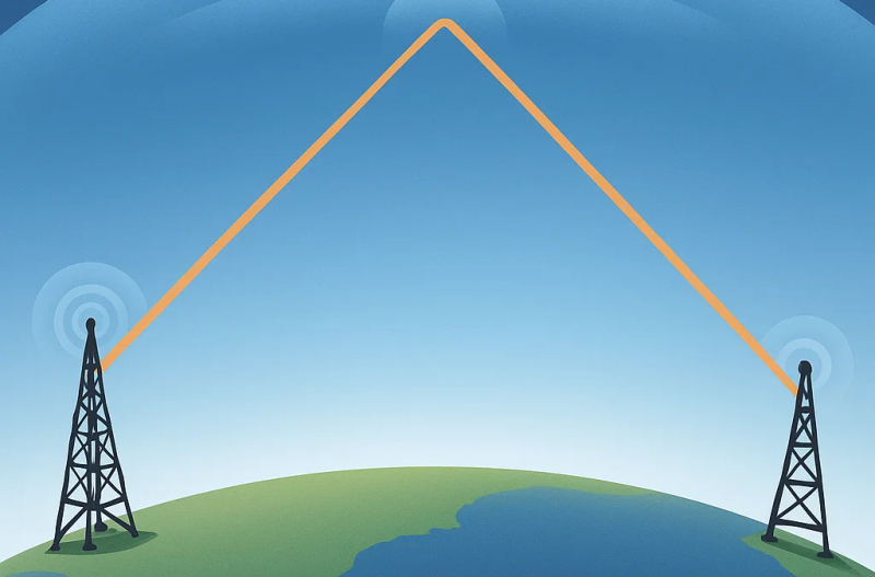A ionosfera, sob certas condições, comporta-se como um espelho para as ondas curtas. O fenómeno permite vencer a curvatura da Terra, com reflexões solo-ionosfera sucessivas, e o alcance de regiões longínquas.